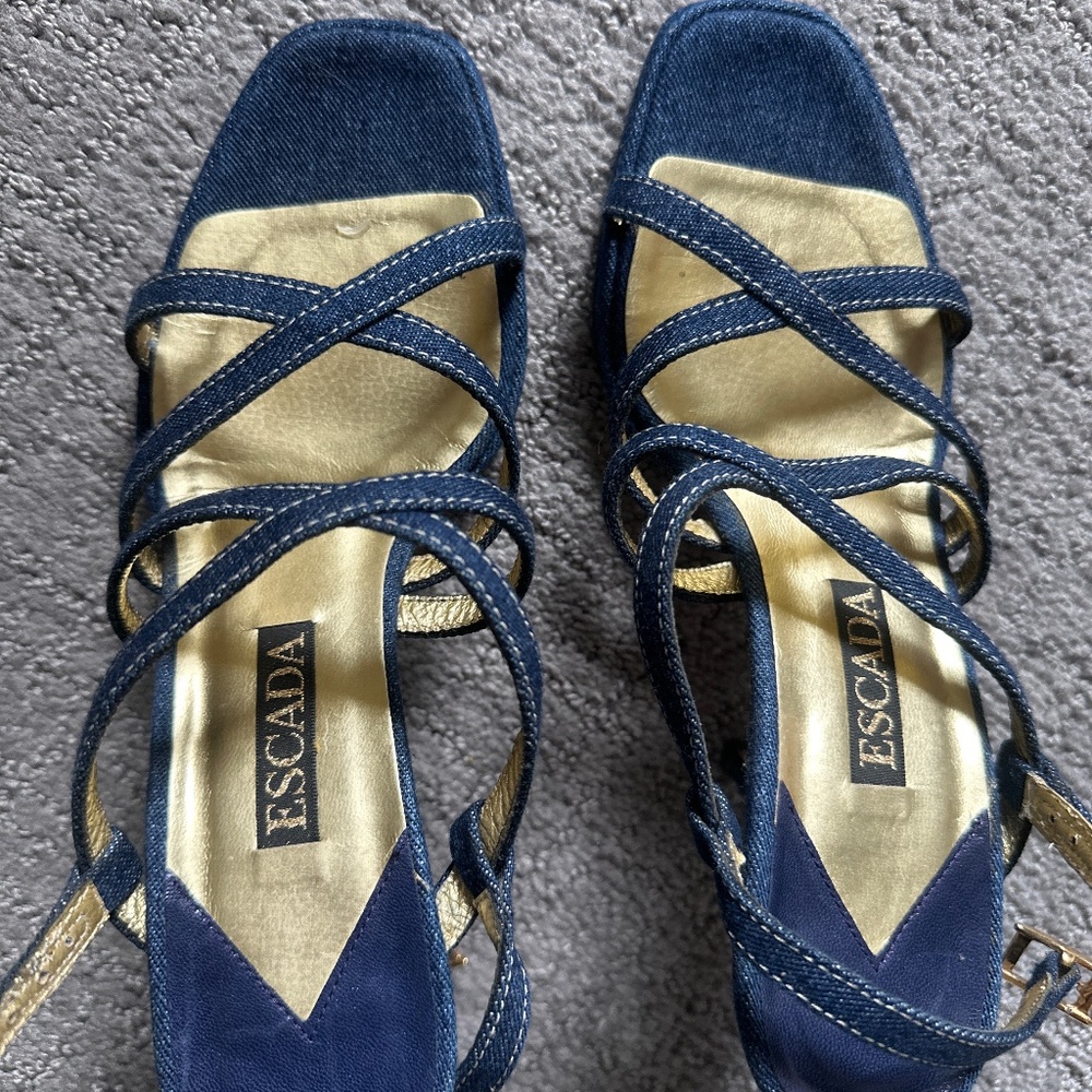 Escada Denim & Gold Whipstitch Strappy High Heel Sandals Size 7.5B